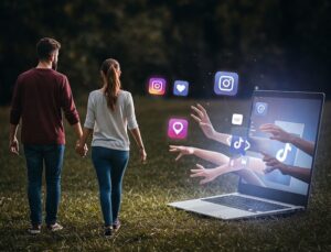 Married couple holding hands and walking away from a laptop with social media icons and grasping hands reaching out from the screen, symbolizing digital distractions.